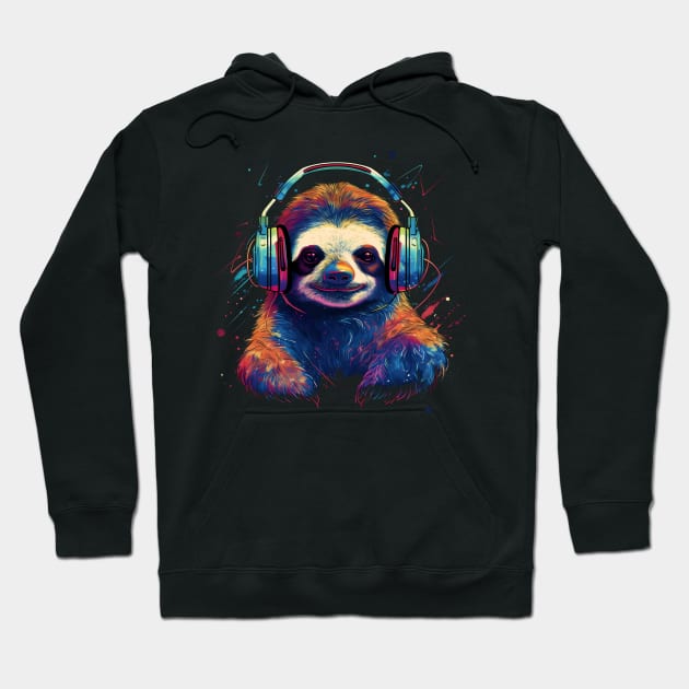 Cosmic Chill: Sloth Soars with Celestial Soundwaves Hoodie by RetroPrism